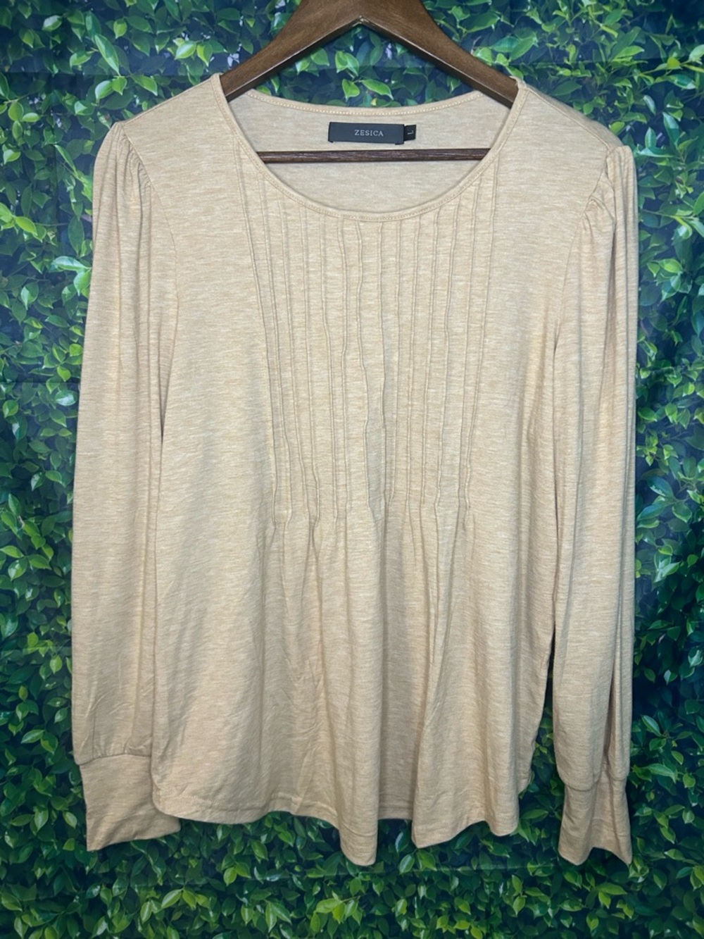 Zesica Beige Pintuck Long-Sleeve Top